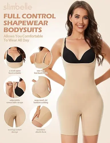 Body gainant sans coutures pour femme, effet gainant, effet ventre plat, buste ouvert, mi-cuisse