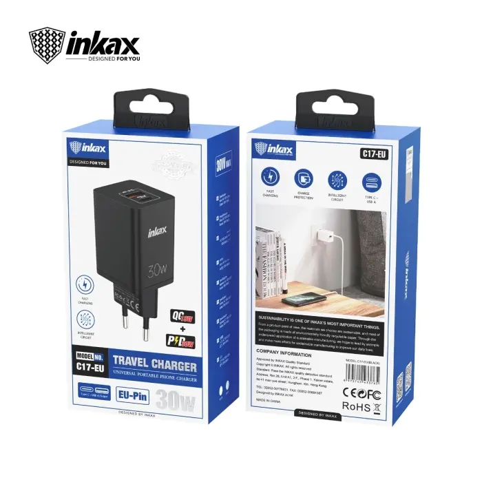 Chargeur Rapide USB Inkax C17-Eu 30w 2 Ports USB A & C Noir