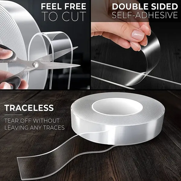 Double Face Nano Tape, Scotch Lavable et Réutilisable transparent 19mmx1m
