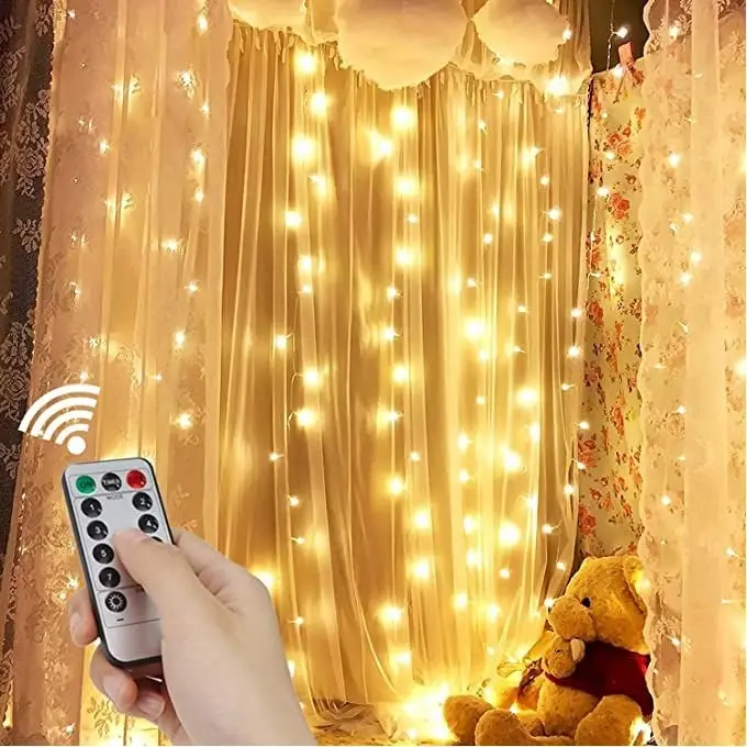 Rideau Lumineux 300 LED, 3M*3M Rideau Guirlande Lumineuse USB,8 Modes Avec Télécommande