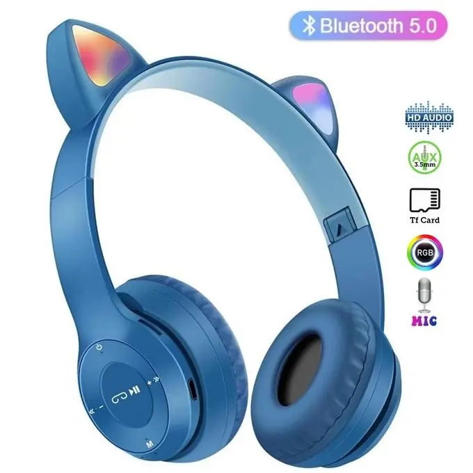 Casque Bluetooth Oreilles de Chat P47M avec Jeu de Lumière Bleu