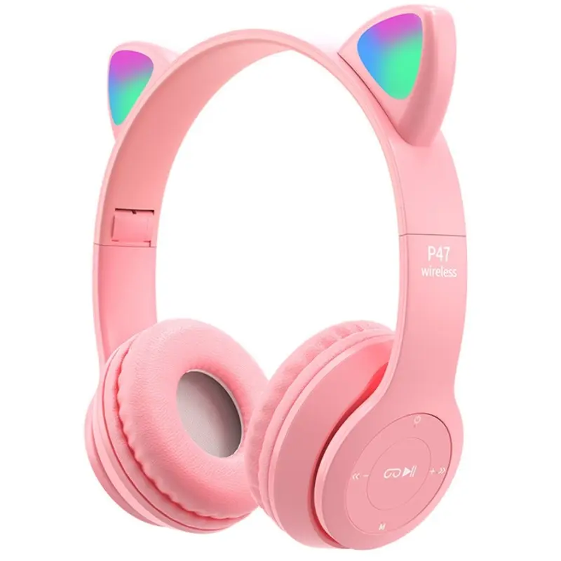 Casque Bluetooth Oreilles de Chat P47M avec Jeu de Lumière Rose